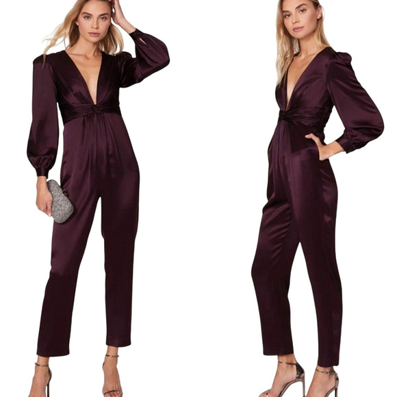Mac Duggal NWT Plum Front Twist Puff Sleeve Deep V Jumpsuit Satin Size 4 Pockets - Picture 1 of 10